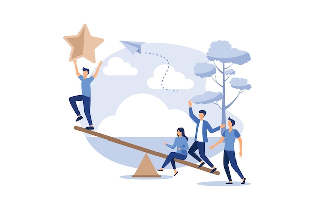 groups of people on a swing and outweighs them to get a star from the sky flat design illustration