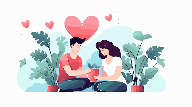 Grow Love Woman and Man with Heart in Flowerpot