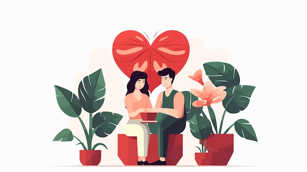 Vector grow love woman and man with heart in flowerpot