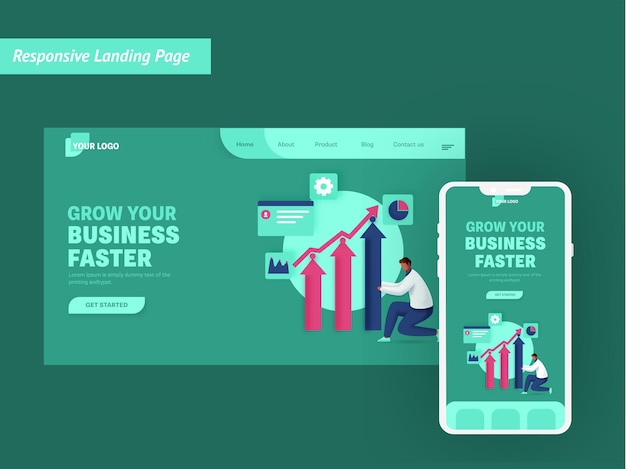 Grow Your Business Faster Based Landing Page In Green Color For Mobile Application.