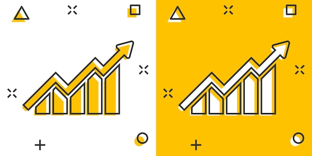 Growing bar graph icon in comic style Increase arrow vector cartoon illustration pictogram Infographic progress business concept splash effect