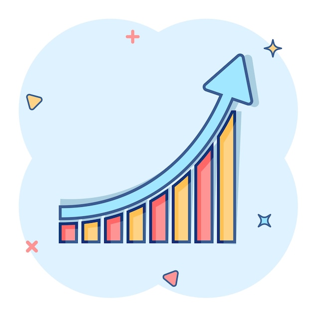 Growing bar graph icon in comic style Increase arrow vector cartoon illustration pictogram Infographic progress business concept splash effect