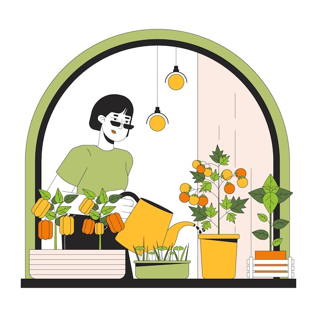 Growing indoor veggies windowsill line cartoon flat illustration