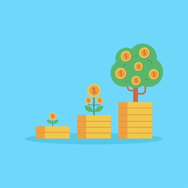 growing money tree plant with coin dollar isolated on blue background