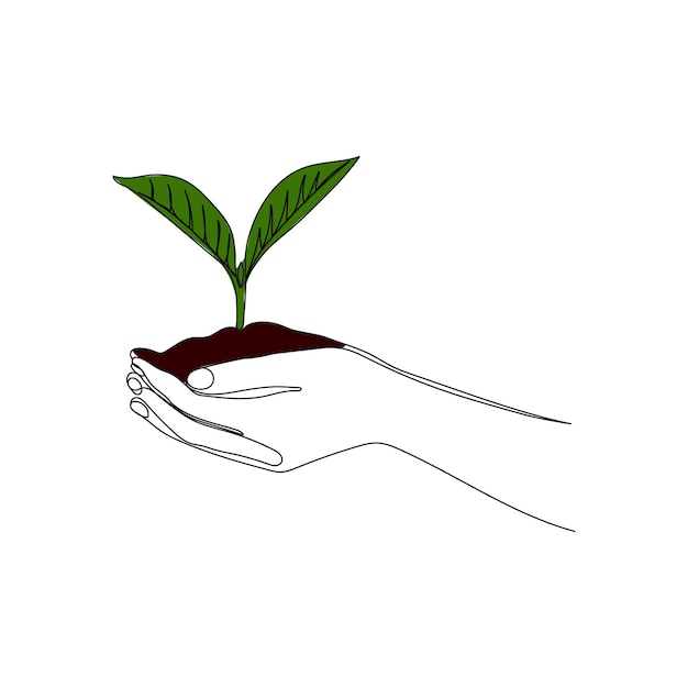 Growing plant in hand palms Hands holding a sprout One line vector art Nature ecology concept