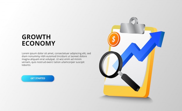 Growth economy and business for future and forecast concept with illustration of blue arrow, magnifying glass, golden coin. landing page illustration