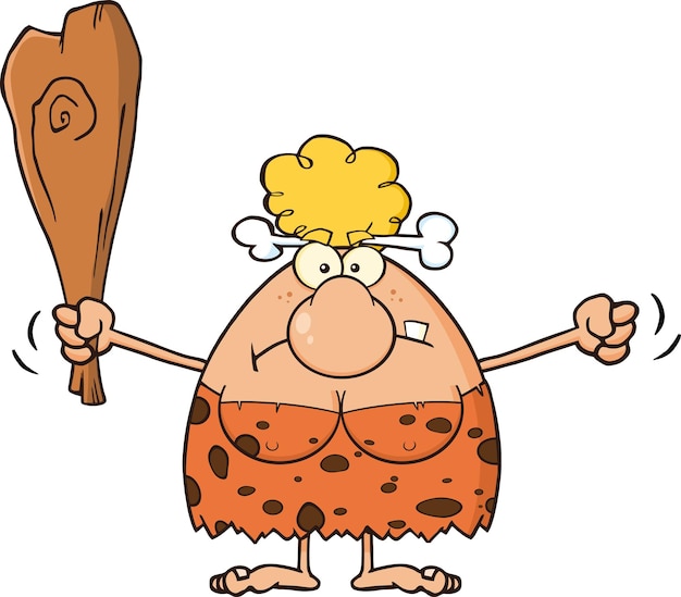 Grumpy Blonde Cave Woman Cartoon Mascot Character Holding Up A Fist And A Club