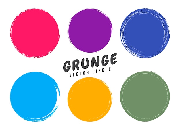 Grunge circles, round shapes design elements in beautiful colors. Vector flat illustration. Set circles with grungy contour different colored isolated on white background.