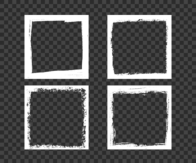 Grunge dirty square frames. Template with brush stroke. Rectangular and square border with grunge overlay. Set of vector illustrations isolated on transparent background