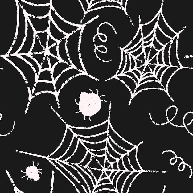 Grunge doodle web with a spider white on a black background Halloween vector seamless pattern For design print wallpaper fabric paper textile etc