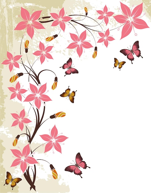 Grunge floral background with butterfly, element for design, illustration