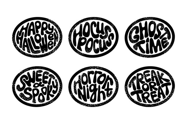 Vector grunge halloween groovy stamps in oval shape typographic flat isolated stickers or printouts