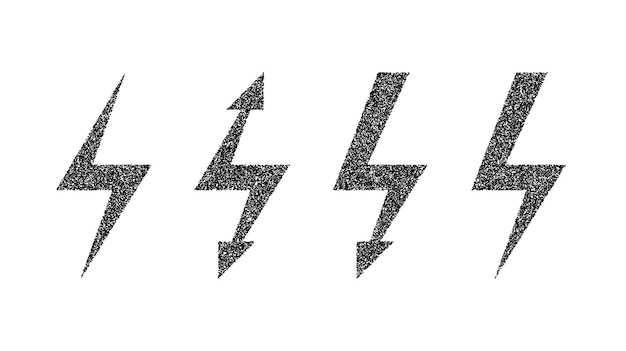 Grunge lightning bolt set. Black noise texture thunderbolt collection. Stipple flash symbols. Dotted