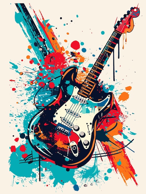 Grunge music background with electric guitar and splashes Vector illustration