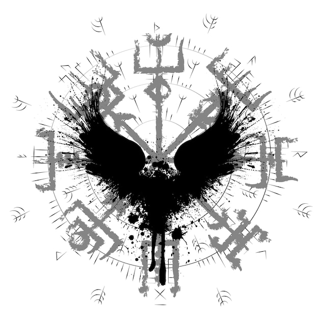 Vector grunge raven silhouette with runes