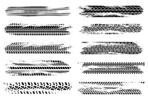 Vector grunge tire tracks mega set elements in flat graphic design bundle objects of abstract black wheels tread motorcycle or car messy trails road dirty rubber texture effect vector illustration