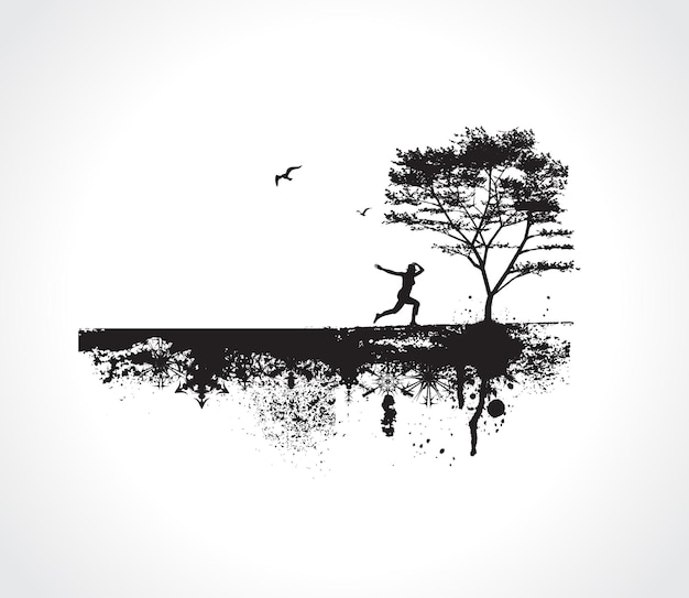 Grunge Urban tree Background with Jumping Girl