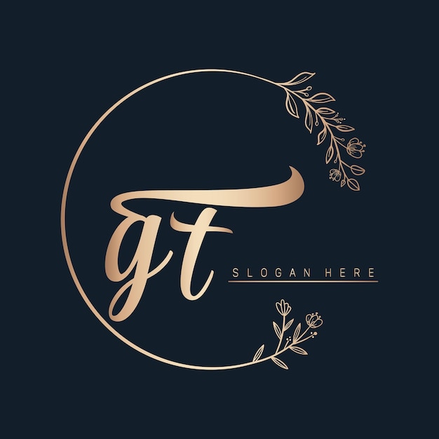 gt letter logo design with circle in gold color leaf and flower