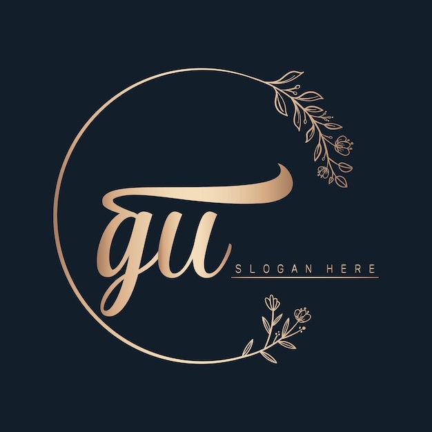 gu letter logo design with circle in gold color leaf and flower