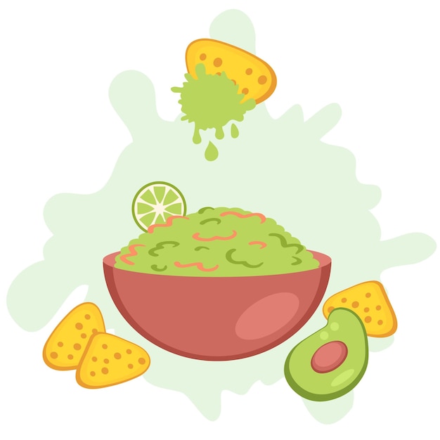 Guacamole sauce for nachos tortilla chips in the bowl in flat style Perfect for tee stickers menu and poster Isolated vector illustration for decor and design