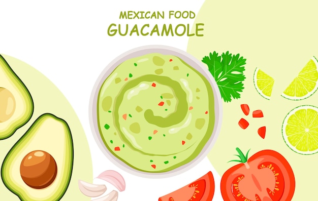 Vector guacamole sauce with ingredients. mexican food.