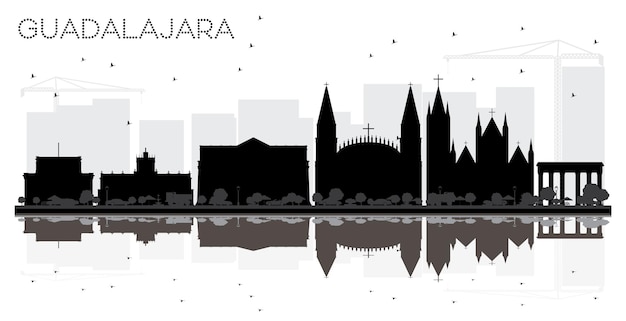 Guadalajara Mexico City skyline black and white silhouette with Reflections Vector illustration