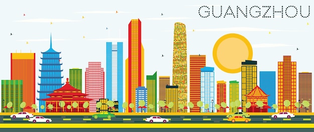 Guangzhou Skyline with Color Buildings and Blue Sky. Vector Illustration. Business Travel and Tourism Concept with Modern Architecture. Image for Presentation Banner Placard and Web Site.