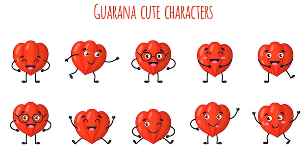 Guarana fruit cute funny cheerful characters with different poses and emotions