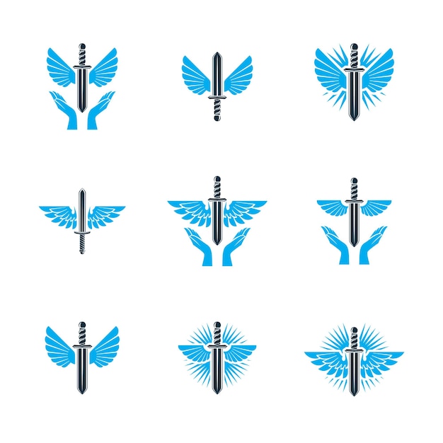 Guardian angel vector conceptual emblems collection, graphic illustrations for use in religious organizations