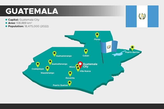 Guatemala isometric 3d illustration map Flag capital cities area population and map of Guatemala