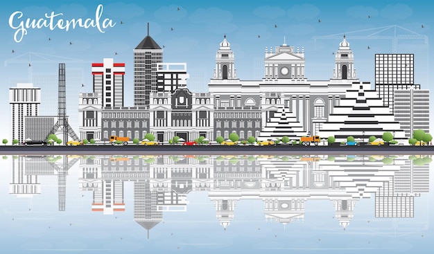 Guatemala Skyline with Gray Buildings, Blue Sky and Reflections. Vector Illustration. Business Travel and Tourism Concept with Modern Architecture. Image for Presentation Banner Placard and Web Site.