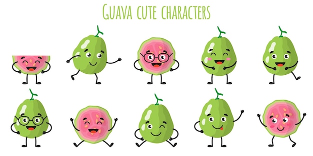 Guava fruit cute funny cheerful characters with different poses and emotions