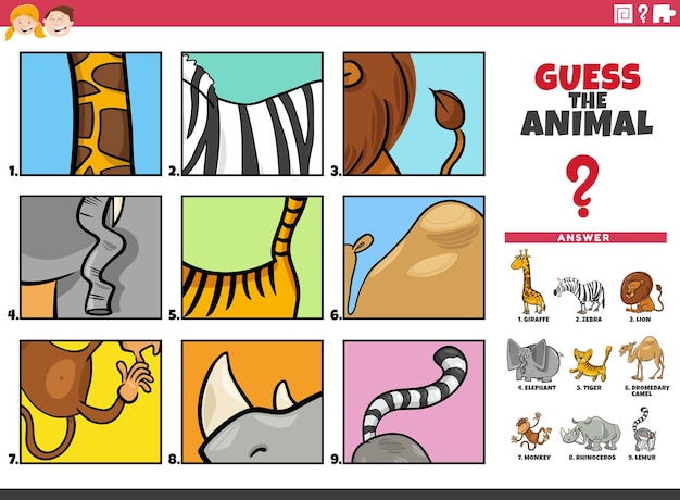 Guess cartoon animal characters educational game for kids