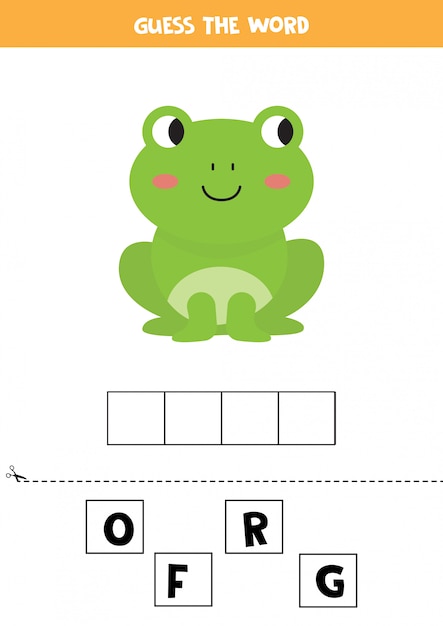 Guess the word. Cute cartoon frog. Educational matching game for kids.