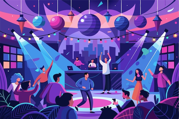 Vector guests dance joyfully under vibrant lights at a lively night party in an exciting disco atmosphere night party and disco event