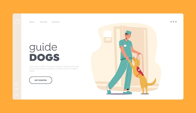 Vector guide dogs landing page template doctor male character playfully engages with guide dog providing necessary guidance