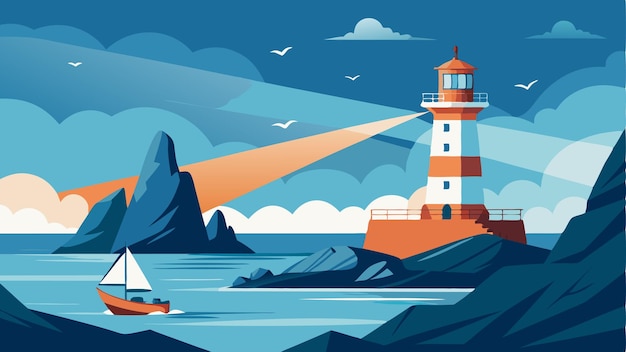 Vector guiding ships with its steady beam the lighthouse overlooks the rocky shoreline providing a peaceful setting for the crashing waves and circling gulls