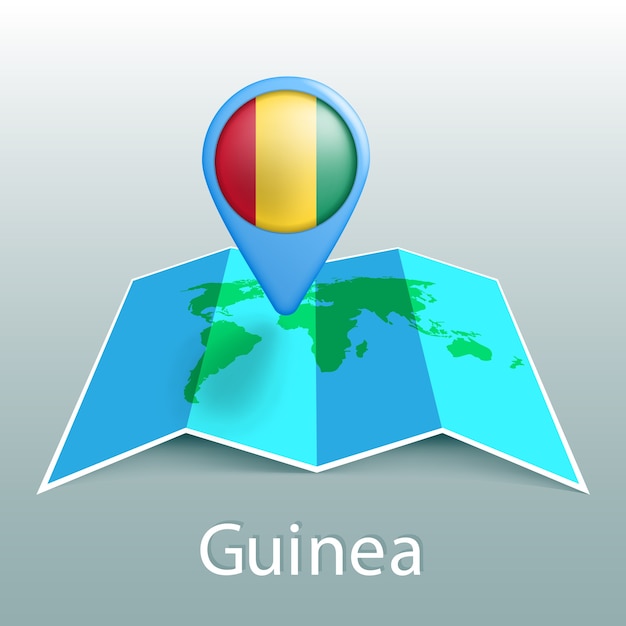 Guinea flag world map in pin with name of country on gray background