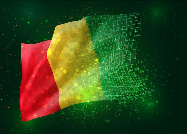 Guinea, on vector 3d flag on green background with polygons and data numbers