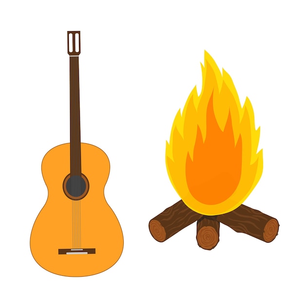 Guitar and campfire. Isolated objects on white background. Vector illustration.