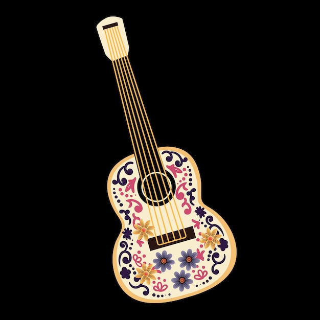 Guitar decorated with flowers Musical instrument on a black backgroundFlat style vector illustration