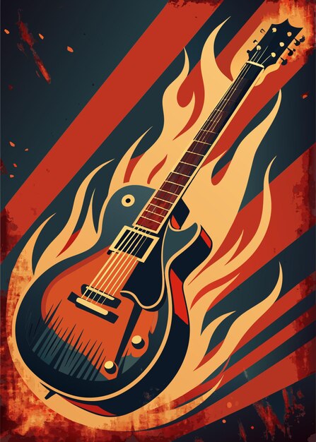 Vector guitar on grunge background dark illustration with flames vector illustration flat 2