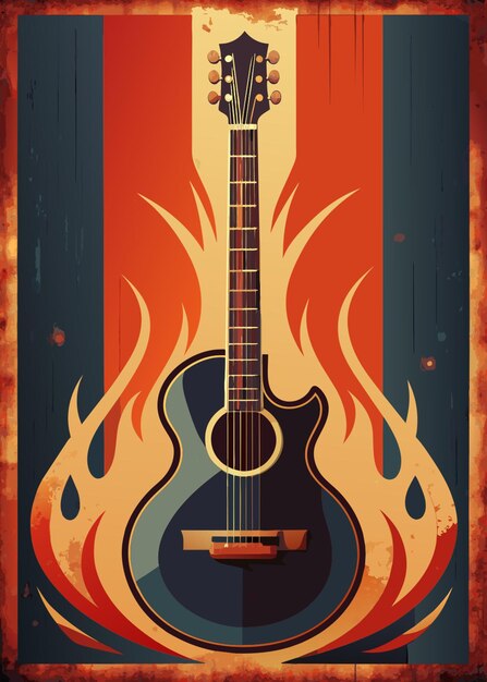 Vector guitar on grunge background dark vintage illustration with flames vector illustration flat 2