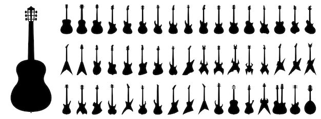 Guitar icon isolated Various of guitar silhouettes Set of black guitar icons