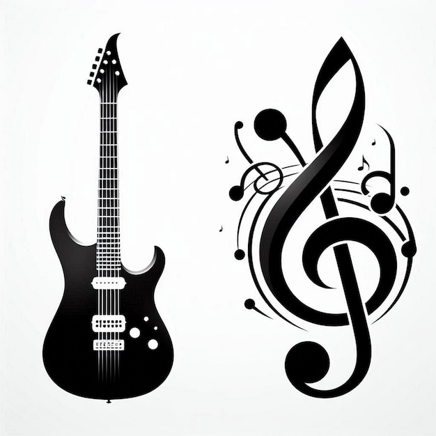 A guitar Jackson combined with a treble clef forming a sleek minimalistic logo silhouette black and white white background