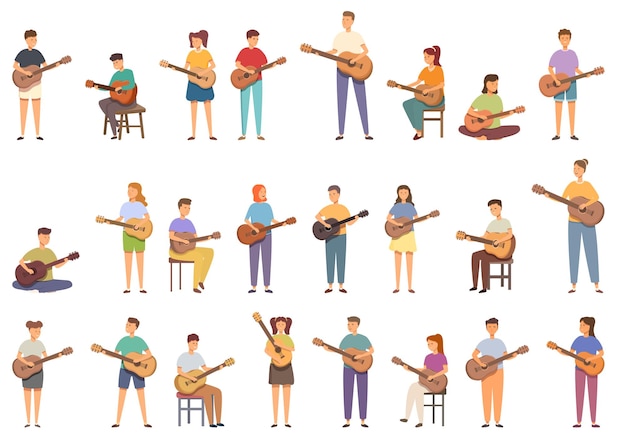 Guitar Lessons icons set cartoon vector Kids song