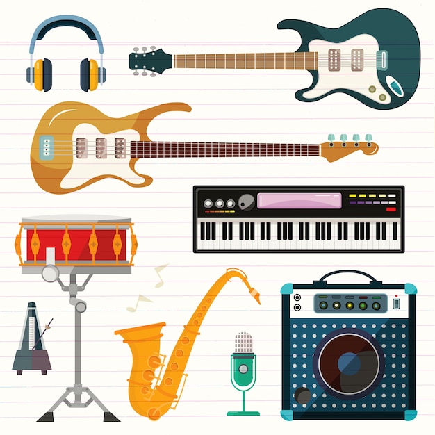 Guitar, piano and drum station vector icons. 