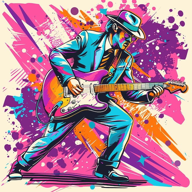 Guitar player on grunge background Pop art vector illustration