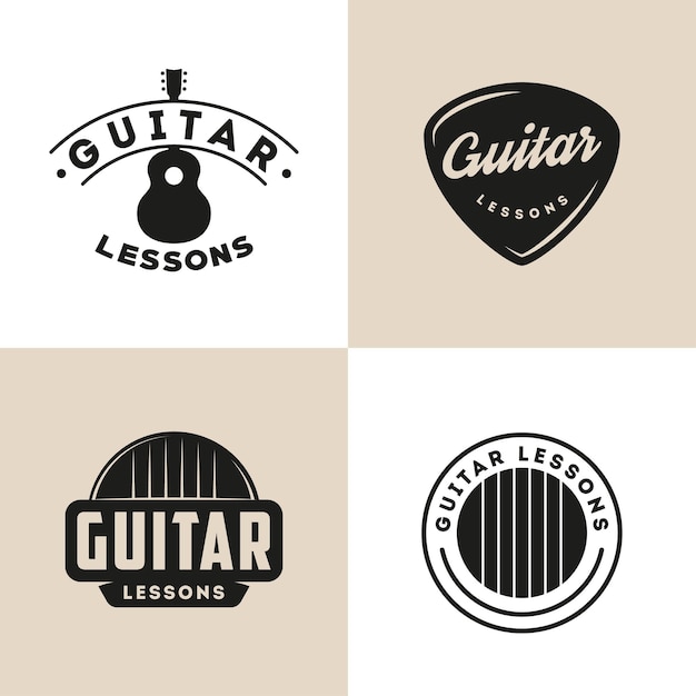 Guitar school isolated logos Music lessons Retro labels badges emblems