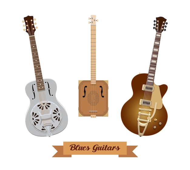 Guitar set. Realistic blues guitars on white background. Musical Instruments.  illustration. Collection